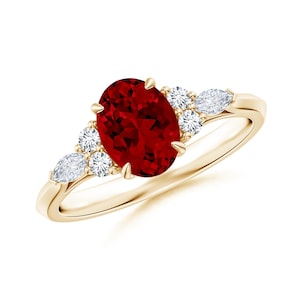Oval Lab-Grown Ruby Side Stone Engagement Ring with Diamonds 10K Gold Ring