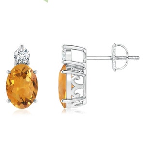 basket-set oval citrine stud earrings with white topaz earring, 925 sterling silver earrings, yellow citrine gemstone earring, gift for her