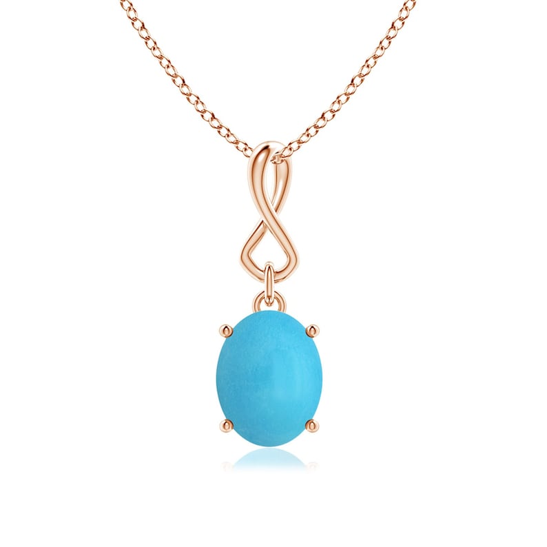 May include: A turquoise gemstone pendant necklace with an infinity symbol design in rose gold.