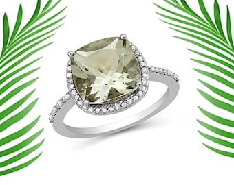 Anillo de amatista verde hecho a mano: Piedra natal de plata de ley con talla cojín