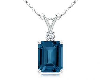 Emerald-Cut London Blue Topaz Pendant: Handmade Sterling Silver Necklace