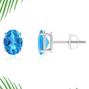 Boucle d'oreille topaze bleue, boucles d'oreilles solitaires ovales suisses avec topaze bleue, boucles d'oreilles en argent sterling 925, clou de mariage, clou d'anniversaire