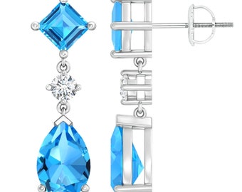 Orecchini A Perno Topazio Blu Lab-Creato - Quadrato, Placcato Argento - Luckyshine
