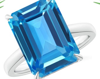 Natural Blue Topaz Ring | Classic Emerald-Cut Swiss Blue Topaz Solitaire Ring | 925 Sterling Silver Ring | Handmade Ring | Topaz Ring