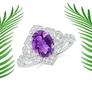 Oval Amethyst Floral 925 Sterling Silver Ring with White Topaz