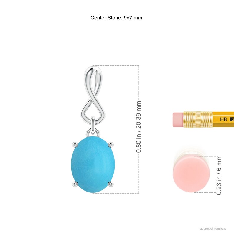 May include: A silver infinity pendant with a turquoise oval gemstone. The pendant is 20.39 mm tall and the stone is 9x7 mm.