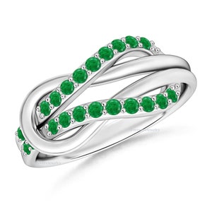 Handmade Emerald Infinity Knot Ring: Sterling Silver Wedding Engagement Ring