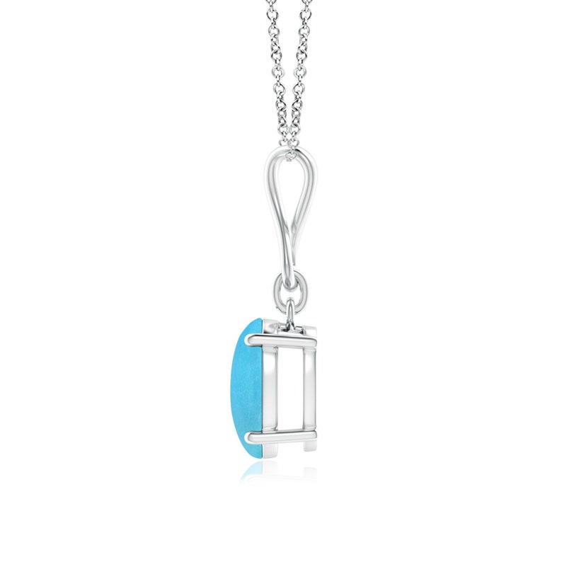 May include: A silver chain necklace with a pendant featuring a light blue oval gemstone set in a silver frame.