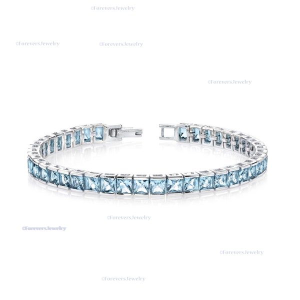 princess cut swiss blue topaz tennis bracelet in sterling silver, blue topaz bracelet, 925 sterling silver bracelet, for gift her