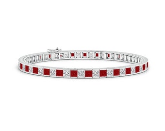 Handmade Ruby and White Topaz Tennis Bracelet, 925 Sterling Silver