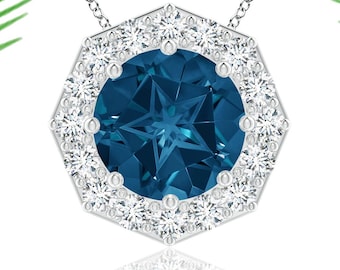 London Blue Topaz Pendant: Round Gem, Sterling Silver, Handmade
