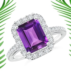 Amethyst ring, vintage inspired emerald-cut amethyst ring, white topaz ring, 925 sterling silver ring, wedding ring, birthday gift ring