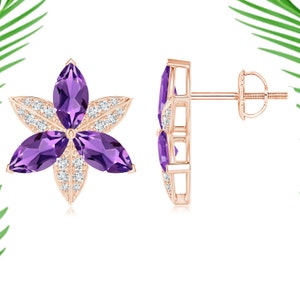 May include: A pair of rose gold earrings featuring a five-pointed flower design with amethyst and diamond accents.