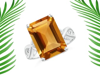 Anello vistoso con citrino taglio smeraldo: realizzato a mano in argento sterling 925.