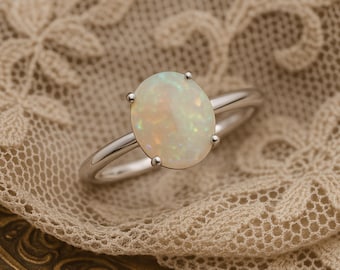 Bague opale d'Éthiopie ovale : solitaire en argent sterling 925 fait main