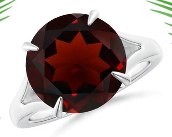 Round Garnet Sterling Silver Ring - Split Shank Gemstone Wedding Ring