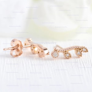 14K Gold Diamond Leaf Stud Earrings: Handmade Fine Jewelry