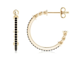 Prong-Set Round Enhanced Black Spinel Twisted Wire Hoop Earrings 14K Solid Gold Hoop Earring