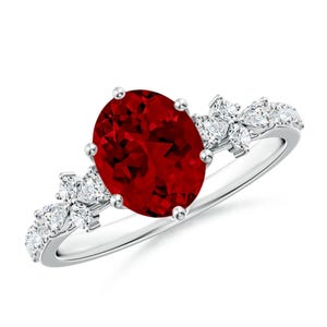 Ruby Ring, Oval Ruby Side Stone Engagement Ring with Accents, 925 sterling silver ring, Lab-Grown Ruby Ring, Handmade Ring, Christmas gift