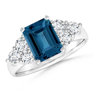 Emerald Cut London Blue Topaz Ring: Trio Accent, 925 Sterling Silver