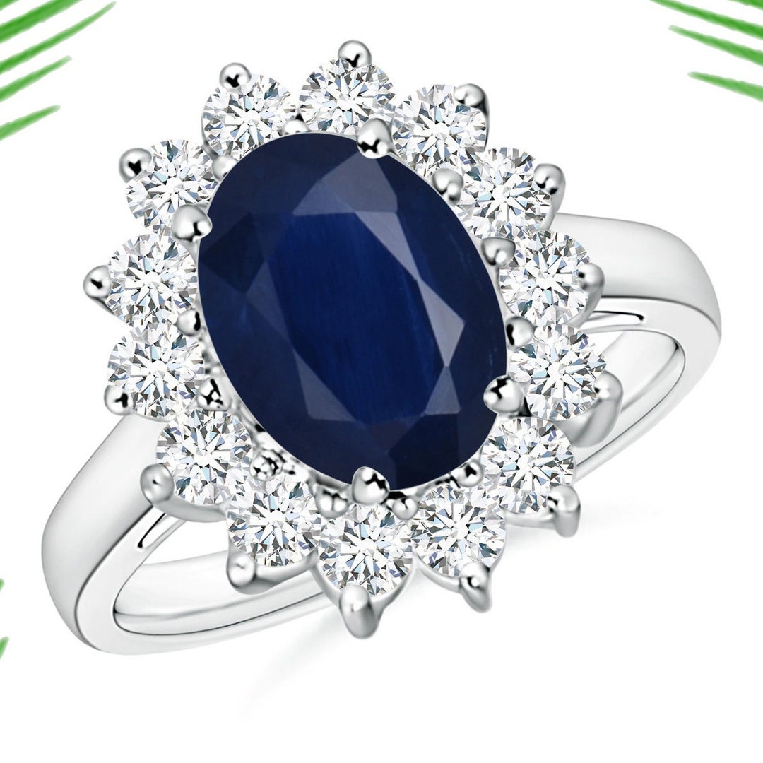 Princess Diana Inspired Blue Sapphire Ring With White Topaz 925 ...