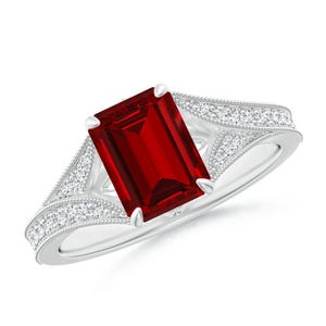 Ruby Ring, Vintage Inspired Emerald-Cut Ruby Split Shank Engagement Ring, 925 sterling silver ring, Lab-Grown Ruby Ring, Christmas gift