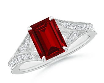 Vintage Inspired Emerald-Cut Lab-Grown Ruby Ring: 925 Sterling Silver