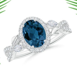 Oval London Blue Topaz Twisted Vine Ring with White Topaz Ring, London Blue Topaz Ring, handmade Ring, Blue Topaz Silver Ring, Wedding Ring