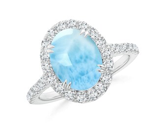 Oval Larimar Ring: 925 Sterling Silver, White Topaz Halo