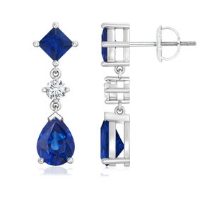 Sapphire earring, square and pear blue sapphire drop earrings, white topaz earrings | 925 sterling silver earrings, dangle earring