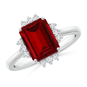Ruby Ring, Lab-Grown Prong-Set Emerald-Cut Ruby Halo Engagement Ring, Ruby Ring, 925 sterling silver ring, Birthstone Ring, Wedding Ring