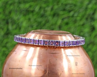 Handmade Square Amethyst Tennis Bracelet: 925 Sterling Silver