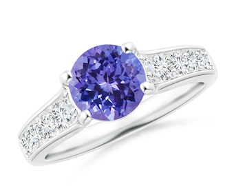 Round Tanzanite Solitaire Ring, 925 Sterling Silver Engagement Ring