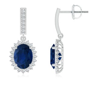 Handmade Oval Blue Sapphire Halo Drop Earrings: 925 Silver