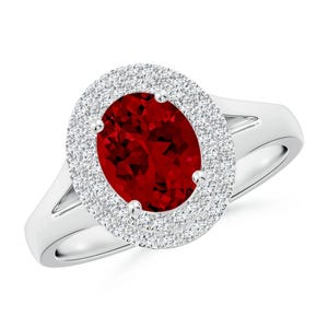 Lab-Grown Ruby Ring: Oval Double Halo, 925 Sterling Silver