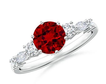 Anello con rubino creato in laboratorio: anello di fidanzamento con pietra laterale in argento sterling