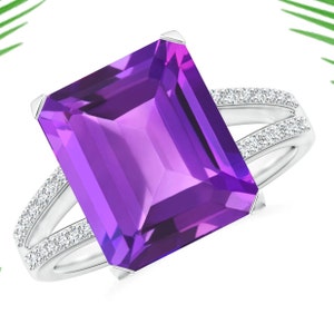 Emerald-Cut Amethyst Split Shank Cocktail Ring with White Topaz Ring | 925 sterling Silver Ring | Purple Amethyst Ring | gift for her