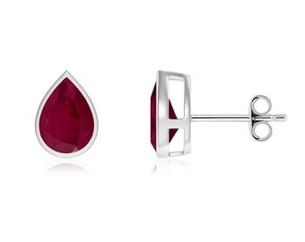 Handmade Pear Ruby Stud Earrings: Bezel-Set 925 Sterling Silver