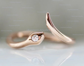 14K Gold Diamond Snake Ring: Open Cuff Wedding Band