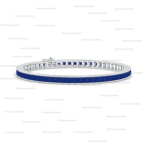 Square Blue Sapphire Tennis Bracelet: 925 Sterling Silver Handmade Jewelry