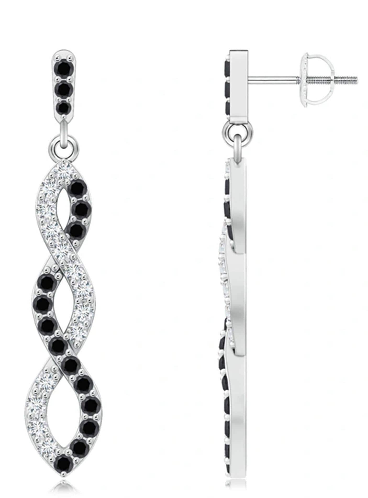 White Topaz Black Spinel Dangle Earrings, 925 Sterling Silver, Handmade