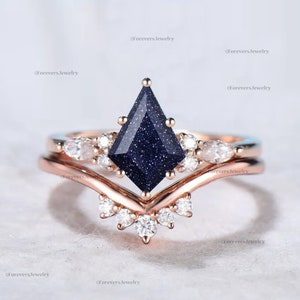 Kite Cut Blue Sandstone Ring with White Topaz, 925 Sterling Silver