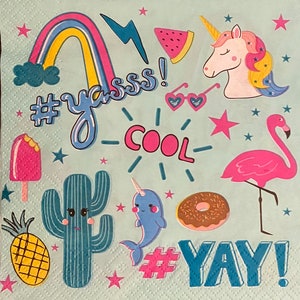 Cool unicorn cactus narwhal paper napkin for decoupage or craft supplies