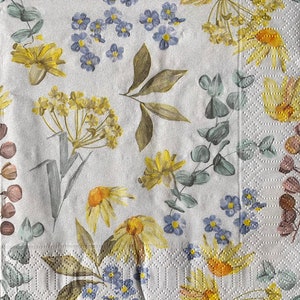 Blue and yellow flower paper napkin for decoupage or craft supplies and scrapbooking