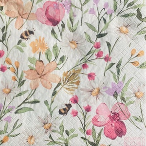 Bumble bee and flower paper napkin for decoupage, paper crafts and scrapbooking.