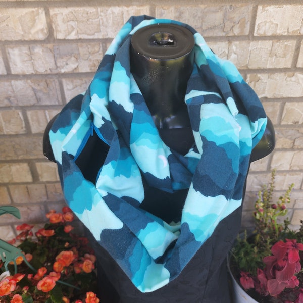 Teal Mountain Zipper Pocket Infinity Scarf, Nature Print Scarf, NIghtscape Scarf, Gifts For Hikers, Nature Lover, Eco-Friendly Gift