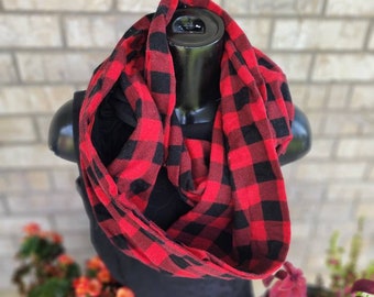 Plaid Zipper Pocket,  Infinity Scarf, Red and Black Plaid Scarf, Buffalo Plaid Scarf, Stash Scarf, Infinity Zipper Scarf, Eco-friendly