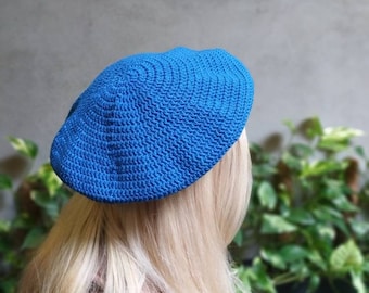UNISEX KNIT BERET SLOUCH HAT HANDMADE CROCHET BLUE WARM WINTER GEAR OS Crocheted Blue Beret Knitted Slouchy Hat Beanie Gifts Summer  main image 4