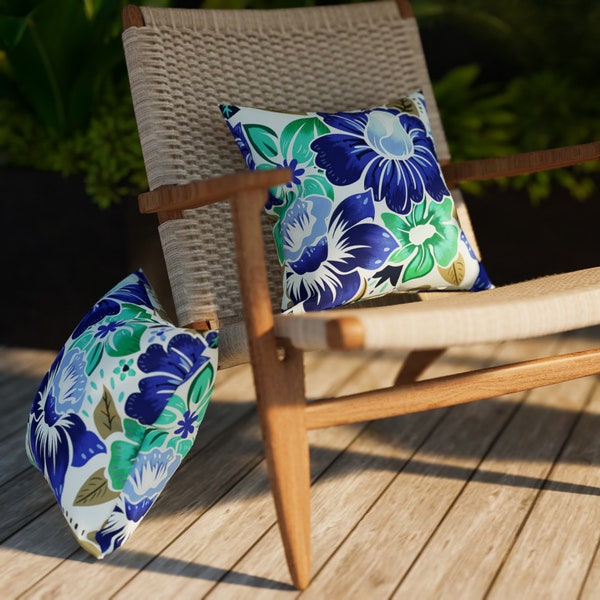 Set of 2 Square Outdoor Pillows Cover 16" /18" /20" | Weatherproof Garden Cushions Case | Lily Blue Pattern | Outside Decorative Cushion