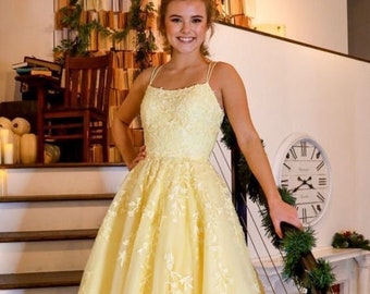 Yellow Lace Prom Dress Custom Made Girls Evening Dress Formal Dress Ball Party Gown